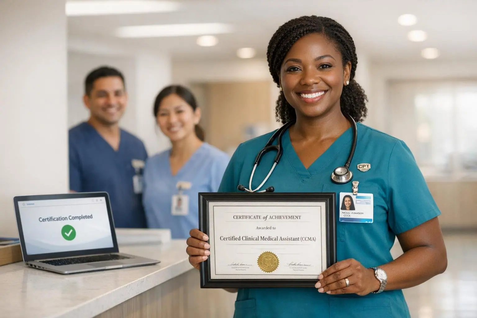 Medical assistant holding a framed certificate in a clinic beside a laptop that shows certification complete