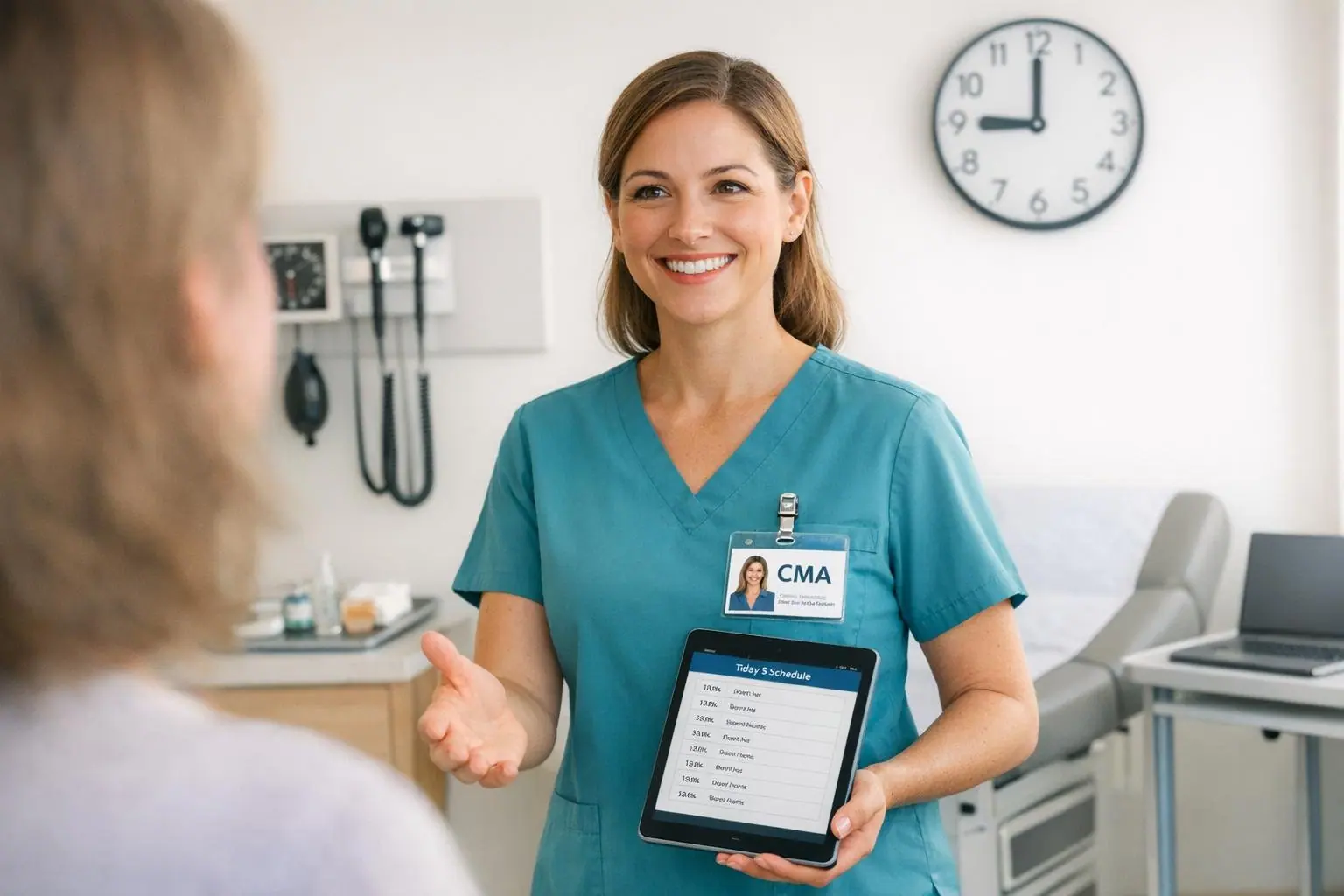 Medical assistant in teal scrubs with a CMA badge holding a tablet and speaking with a patient in an exam room
