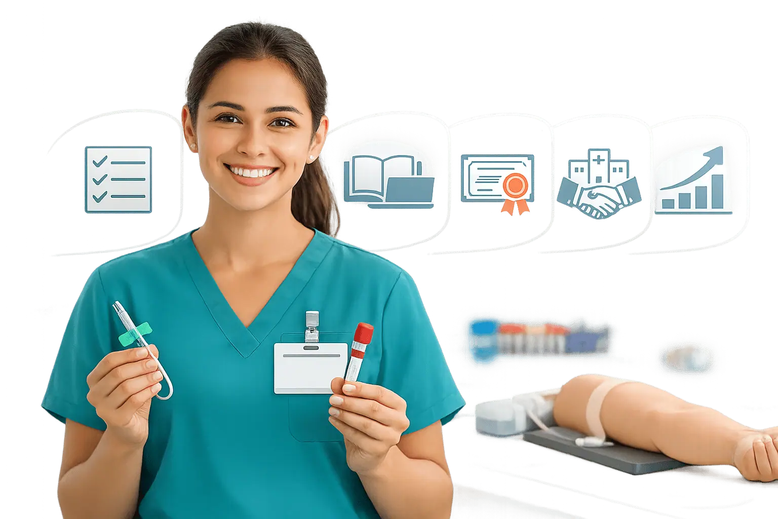 Phlebotomy technician in teal scrubs holding a blood tube and a collection device beside a training arm