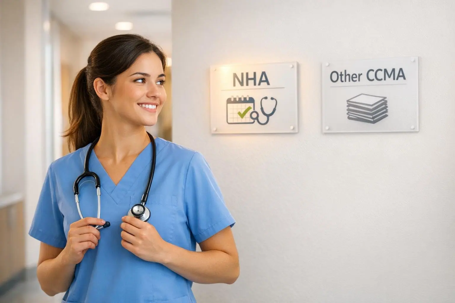 Woman in blue scrubs standing between two wall signs reading NHA and Other CCMA