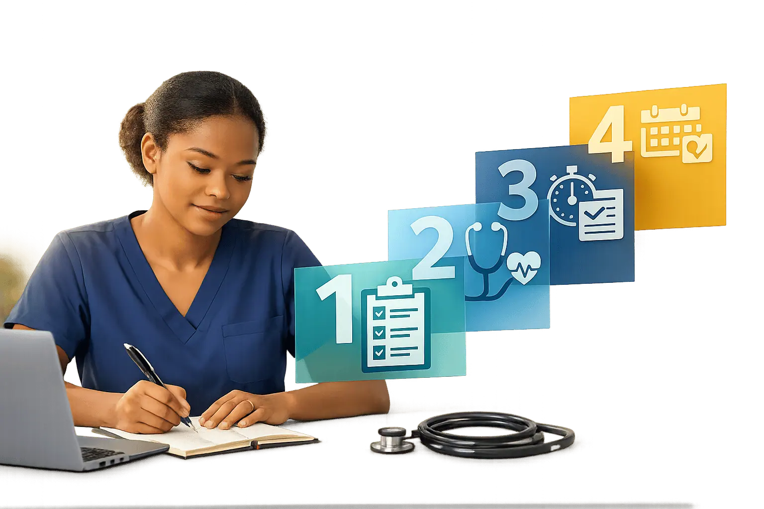 Woman in navy scrubs writing in a notebook beside numbered step blocks one to four and a stethoscope