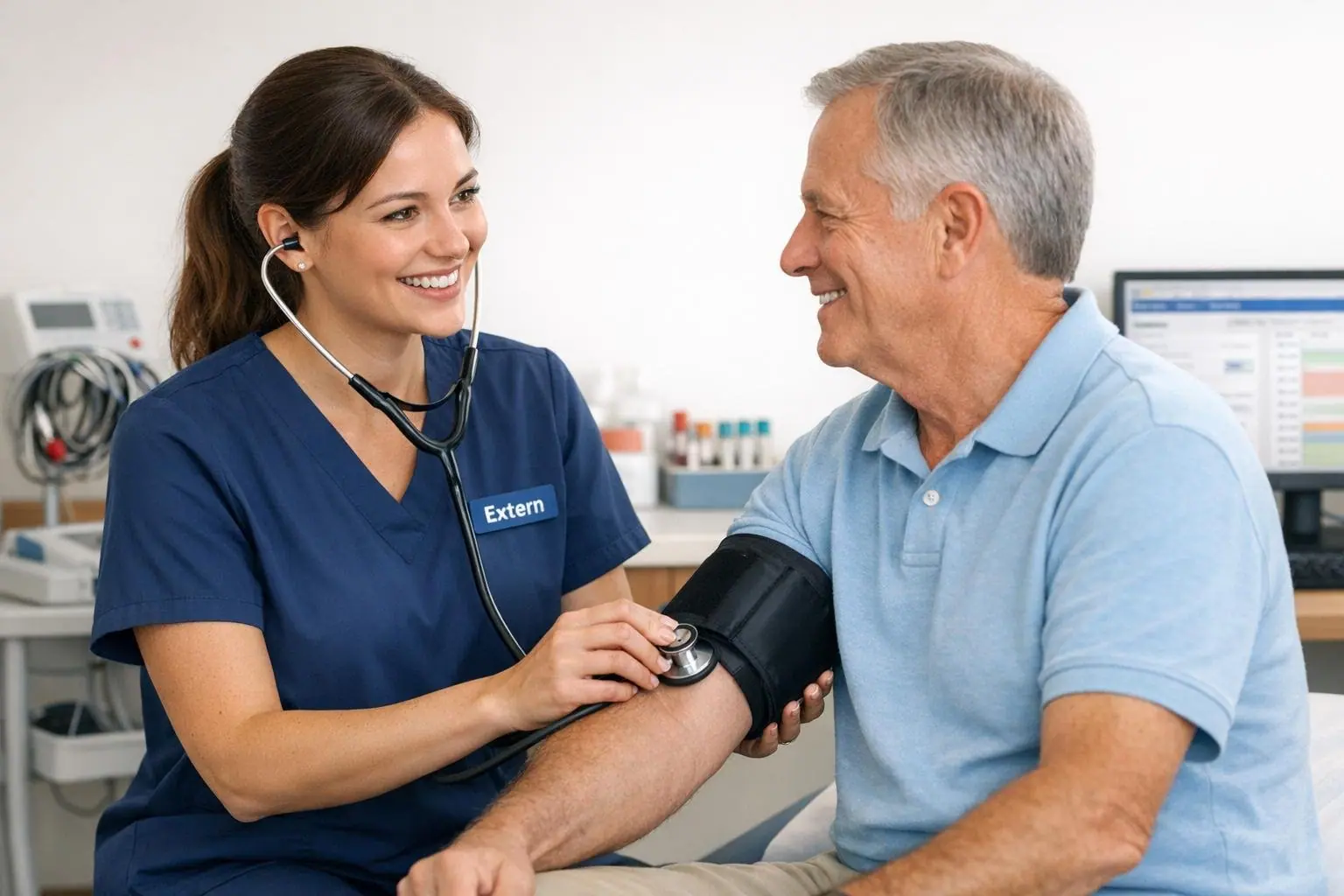 Extern in navy scrubs taking an older man's blood pressure in an exam room
