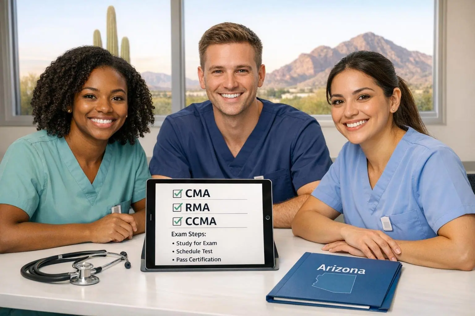 Three medical assistants with a tablet listing CMA, RMA and CCMA and a folder labeled Arizona