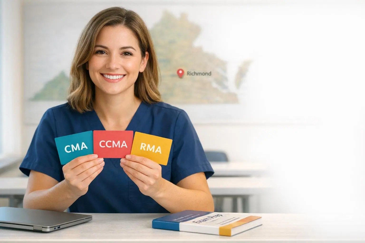 Woman in navy scrubs holding three cards labeled CMA, CCMA and RMA in front of a state map