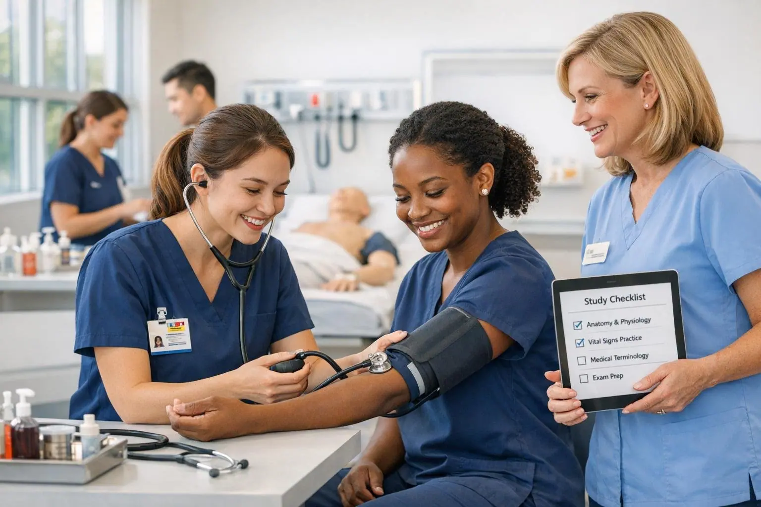 Three medical assistants practicing a blood pressure check while one holds a tablet that shows a Study Checklist