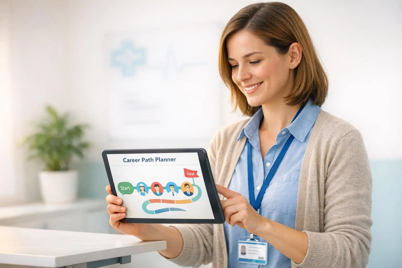 Woman with a lanyard holding a tablet that shows a Career Path Planner graphic