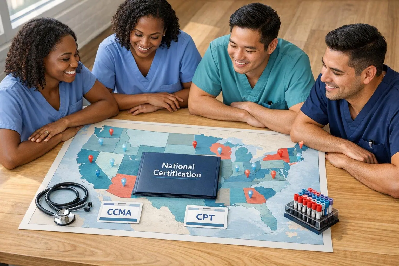 Four students around a map of the United States with a National Certification card and tags for CCMA and CPT