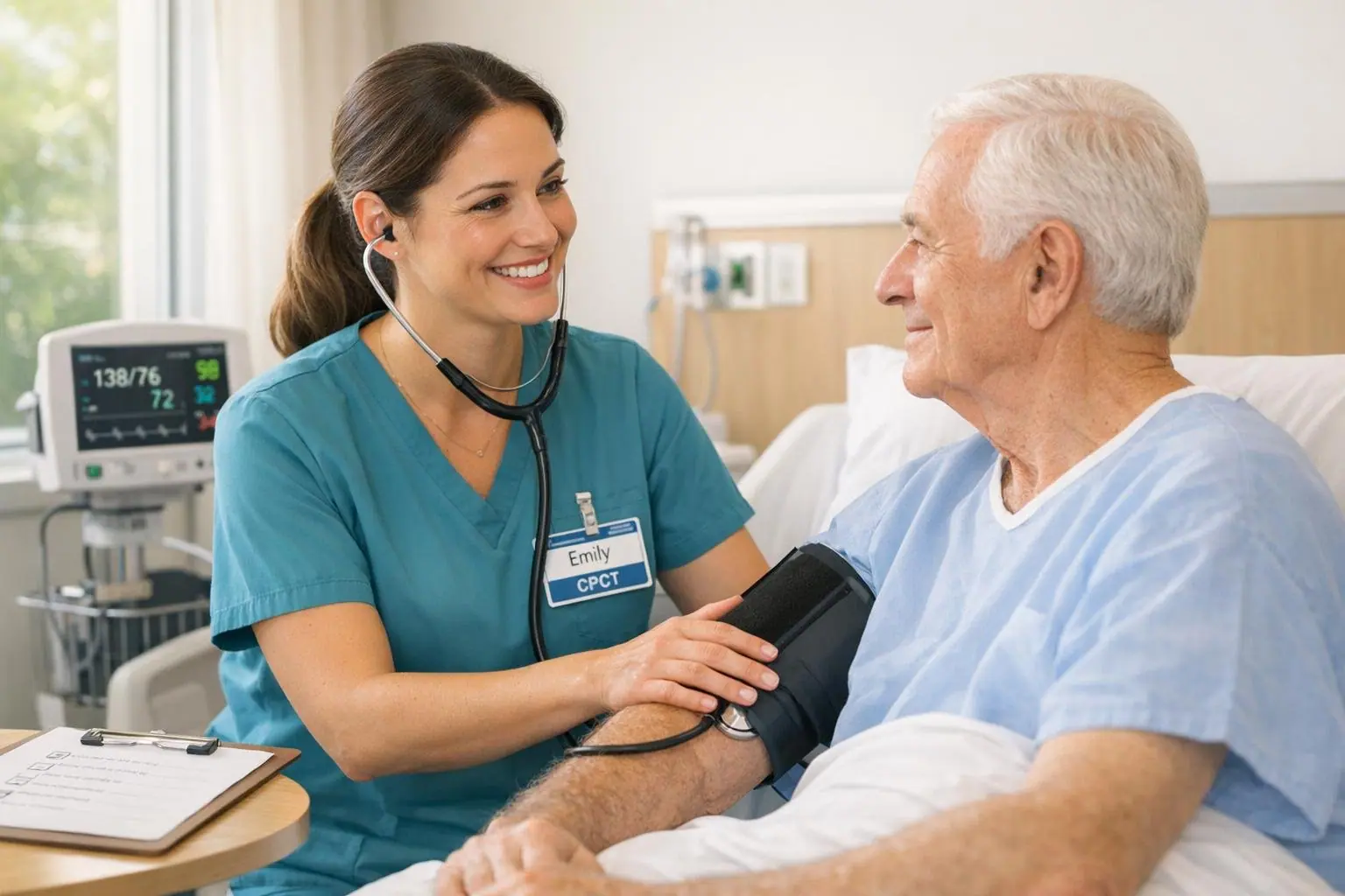 Patient care technician taking an older man's blood pressure at a hospital bedside