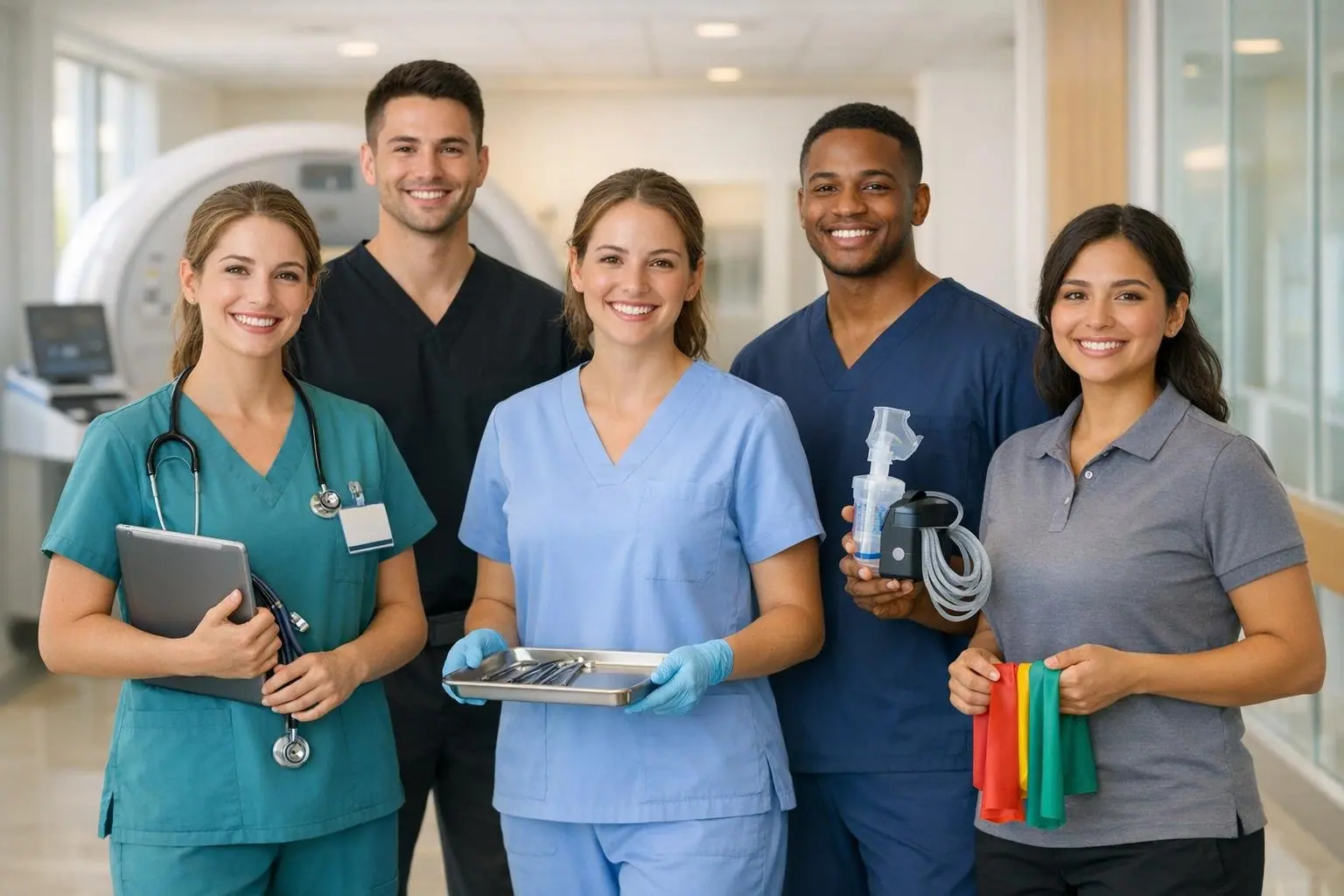 Five healthcare workers in different uniforms standing together in a hospital corridor