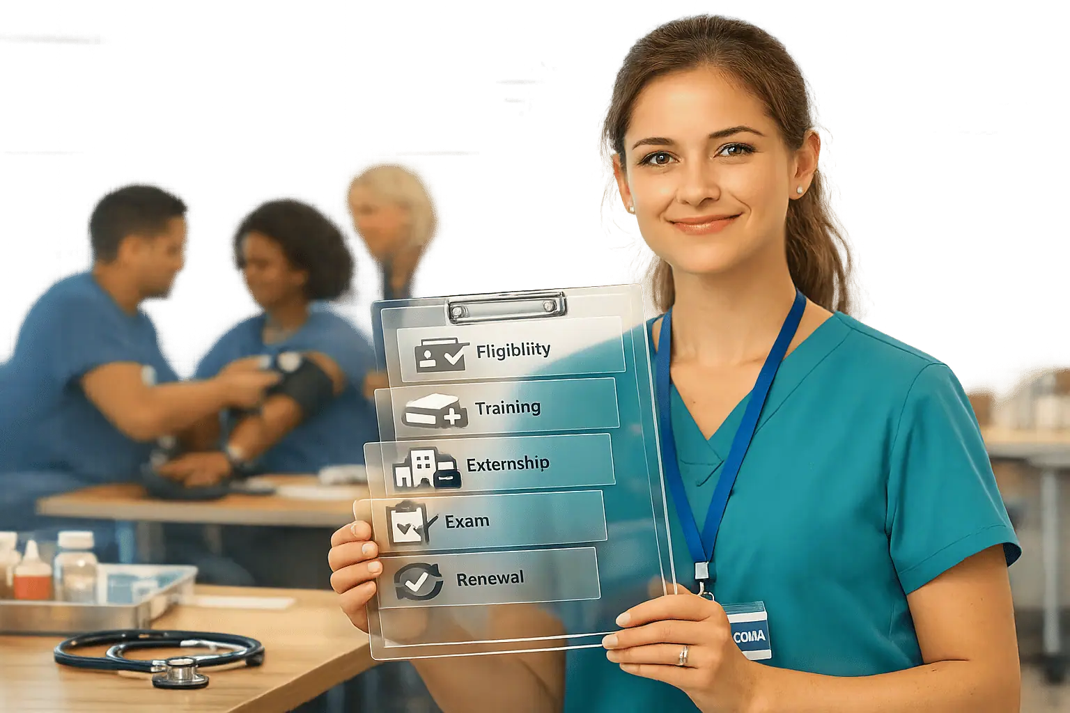 Woman in teal scrubs holding a glass panel that lists eligibility, training, externship, exam and renewal