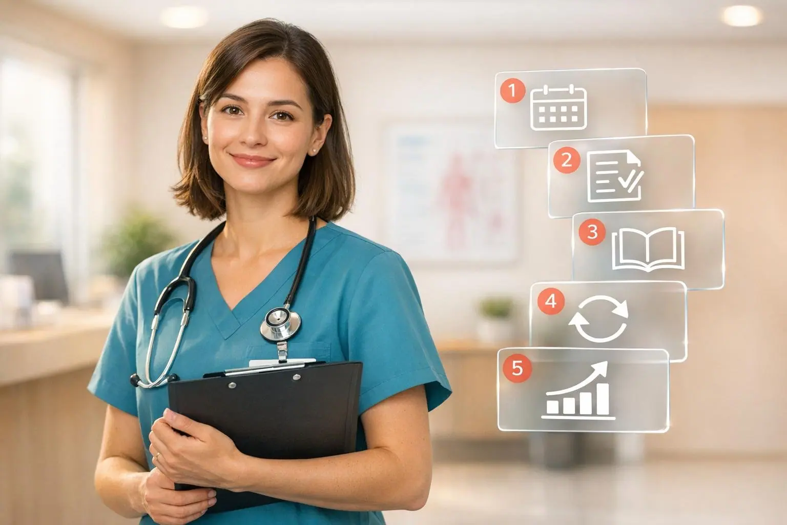 Medical assistant in teal scrubs holding a clipboard beside five numbered floating step icons