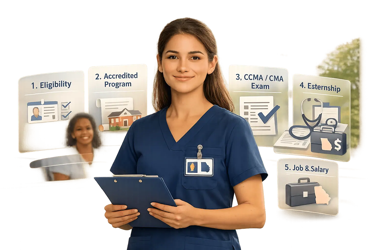 Medical assistant in navy scrubs holding a clipboard beside five floating cards from eligibility and accredited program