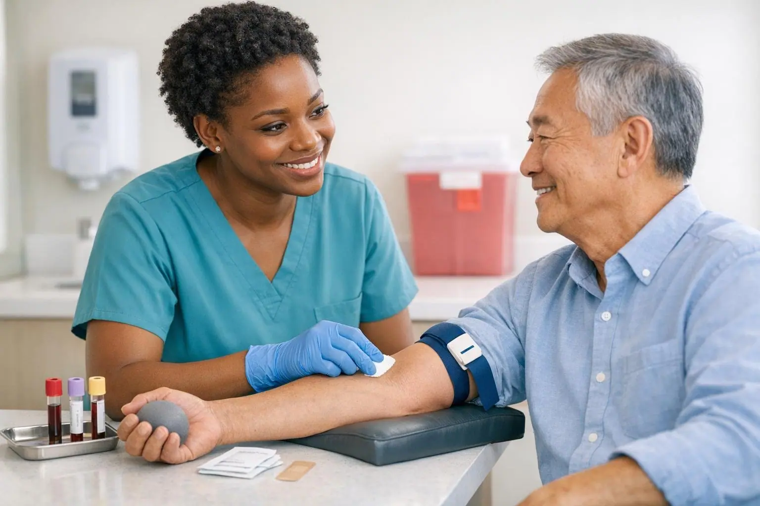 Phlebotomist in teal scrubs preparing a seated older man's arm for a blood draw