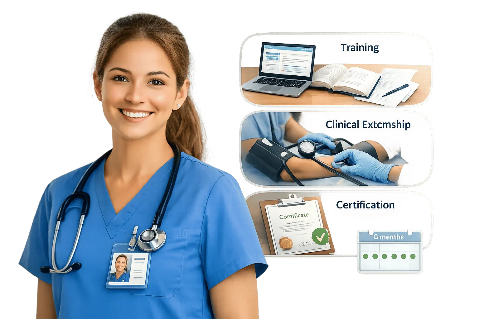 Medical assistant in blue scrubs beside three panels labeled Training, Clinical Externship and Certification