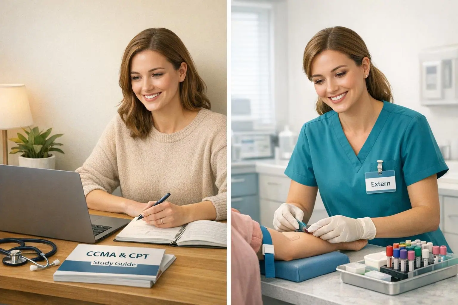 Two panels: a woman studying at a laptop with CCMA and CPT books and a woman in scrubs practicing a blood draw