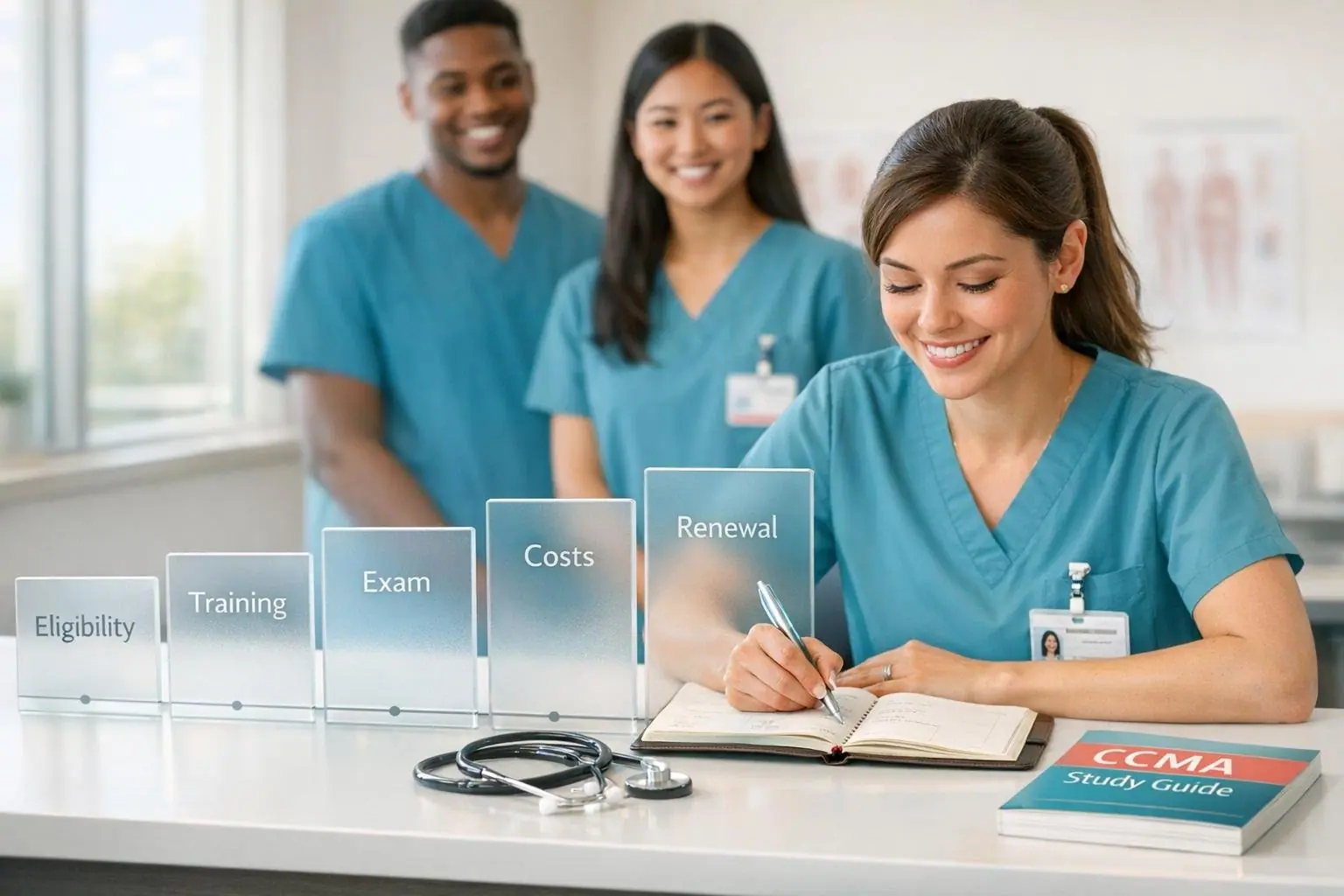 Three colleagues behind glass panels labeled Eligibility, Training, Exam, Costs and Renewal