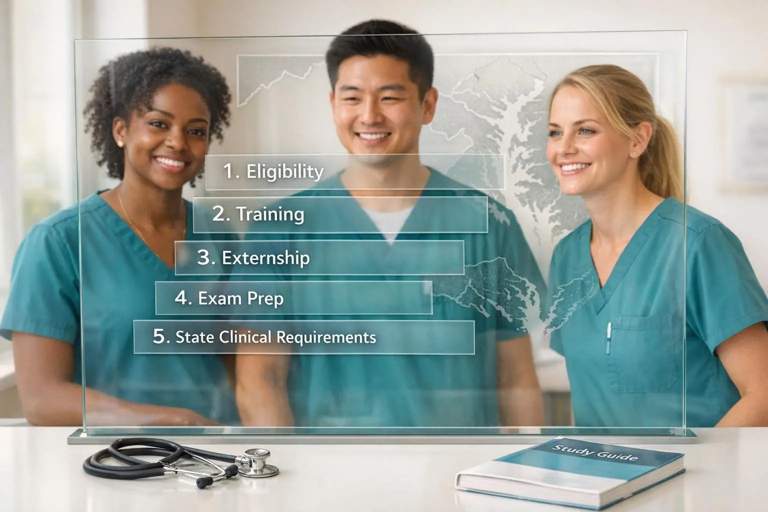 Three medical assistants behind a glass panel that lists five steps from eligibility to state clinical requirements