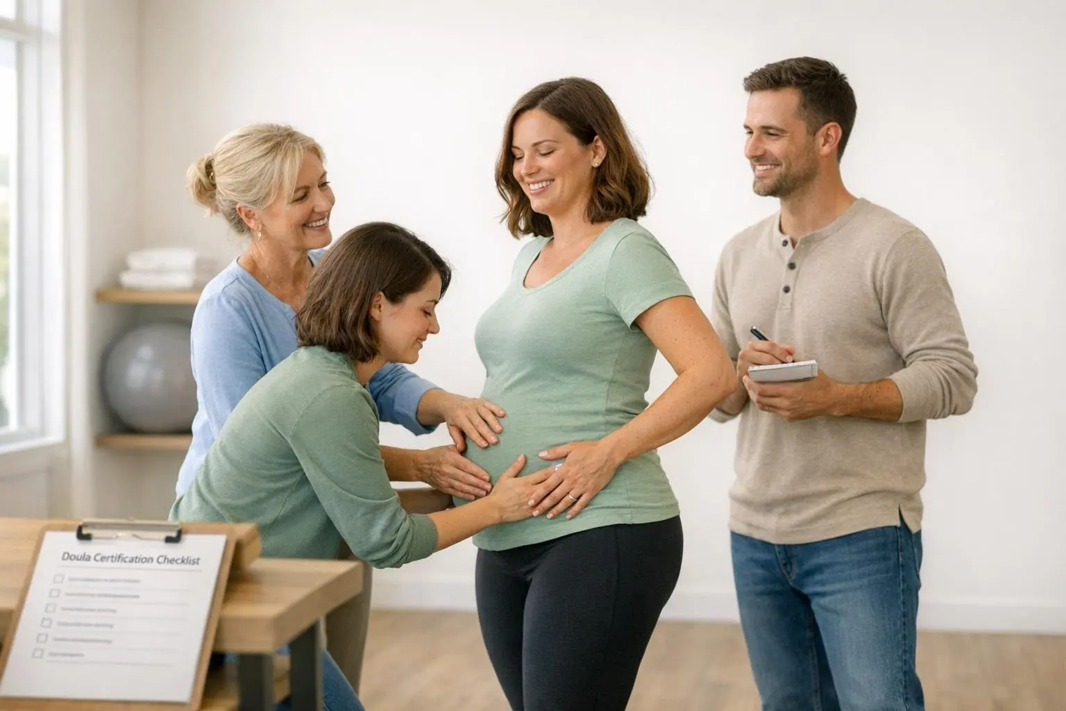 Doula guiding a pregnant woman while her partner stands beside them in a bright room