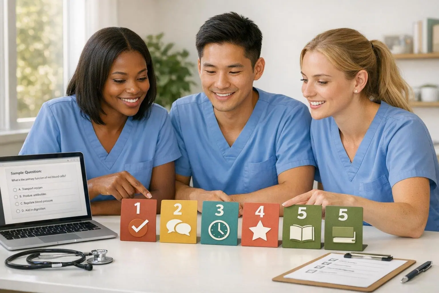 Three medical assistant students at a table with a laptop, a stethoscope and numbered blocks one to five