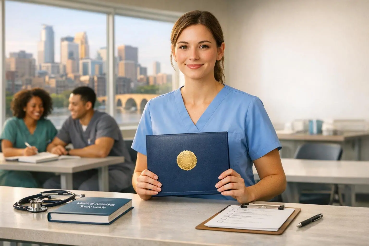 Woman in blue scrubs holding a navy certificate folder with a gold seal, with a city skyline in the classroom window