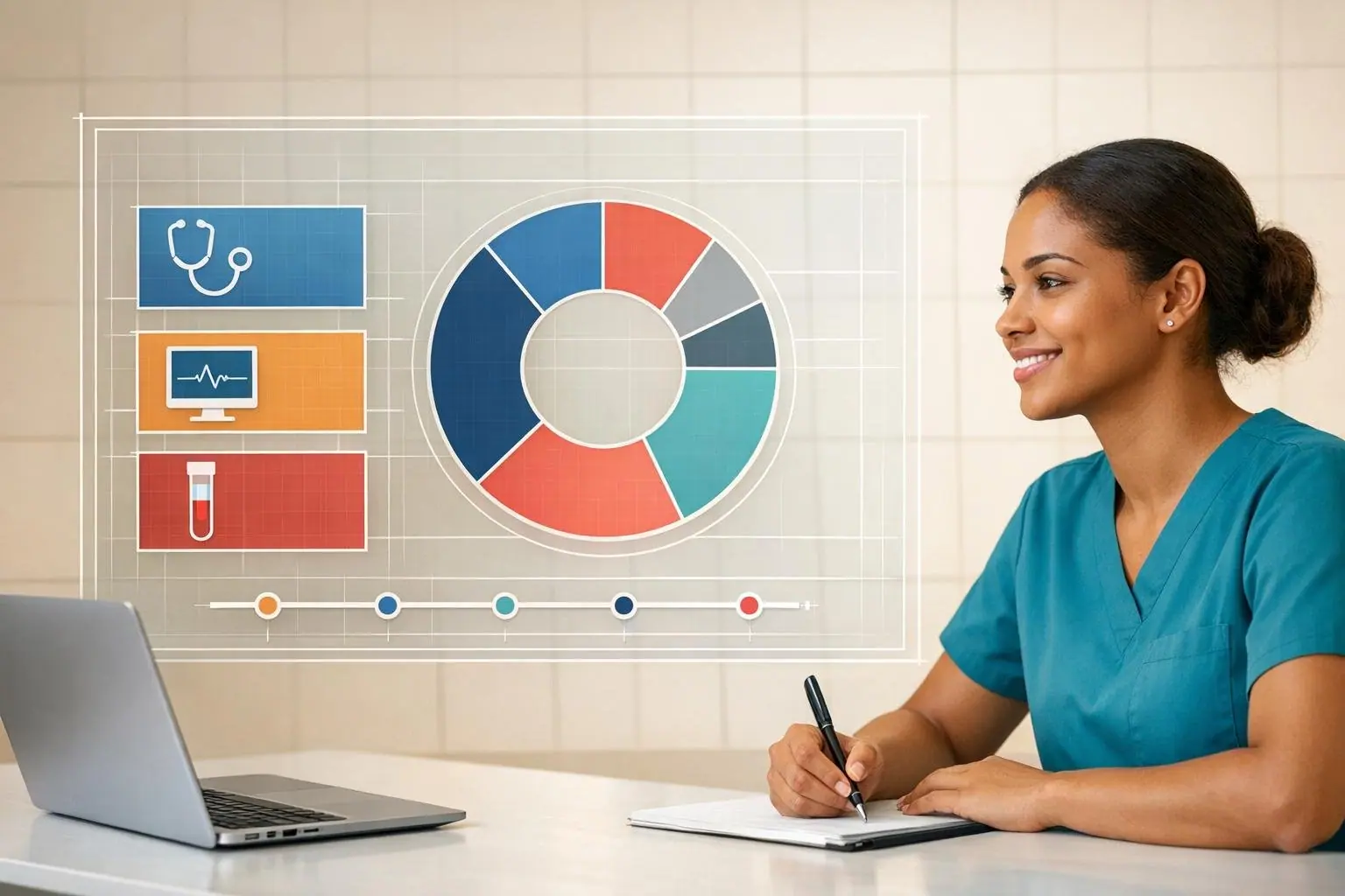 Woman in teal scrubs writing at a desk next to a donut chart and clinical icons that stand for exam content areas