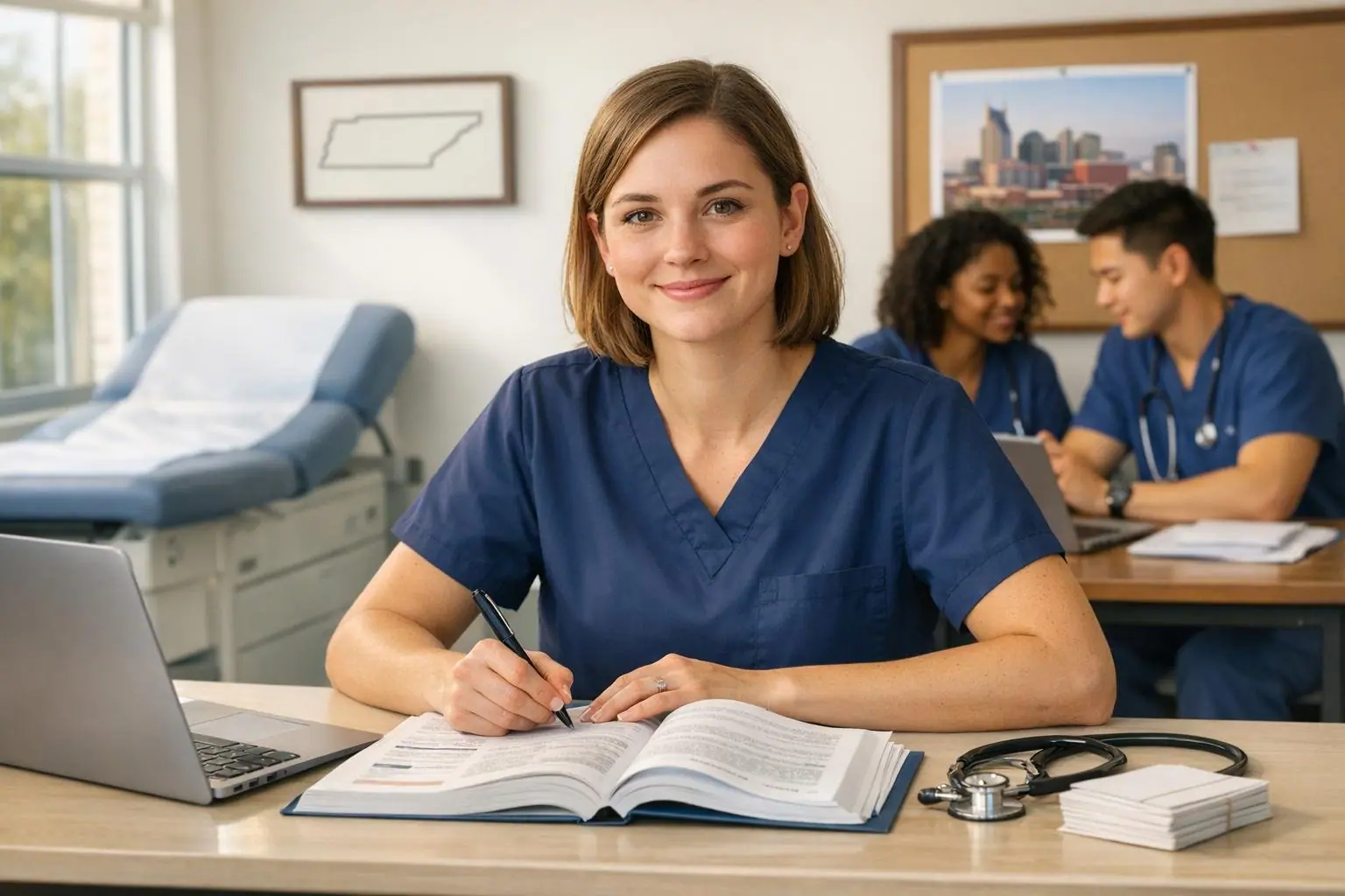 Woman in navy scrubs writing in an open textbook at a desk in a classroom with a state outline on the wall