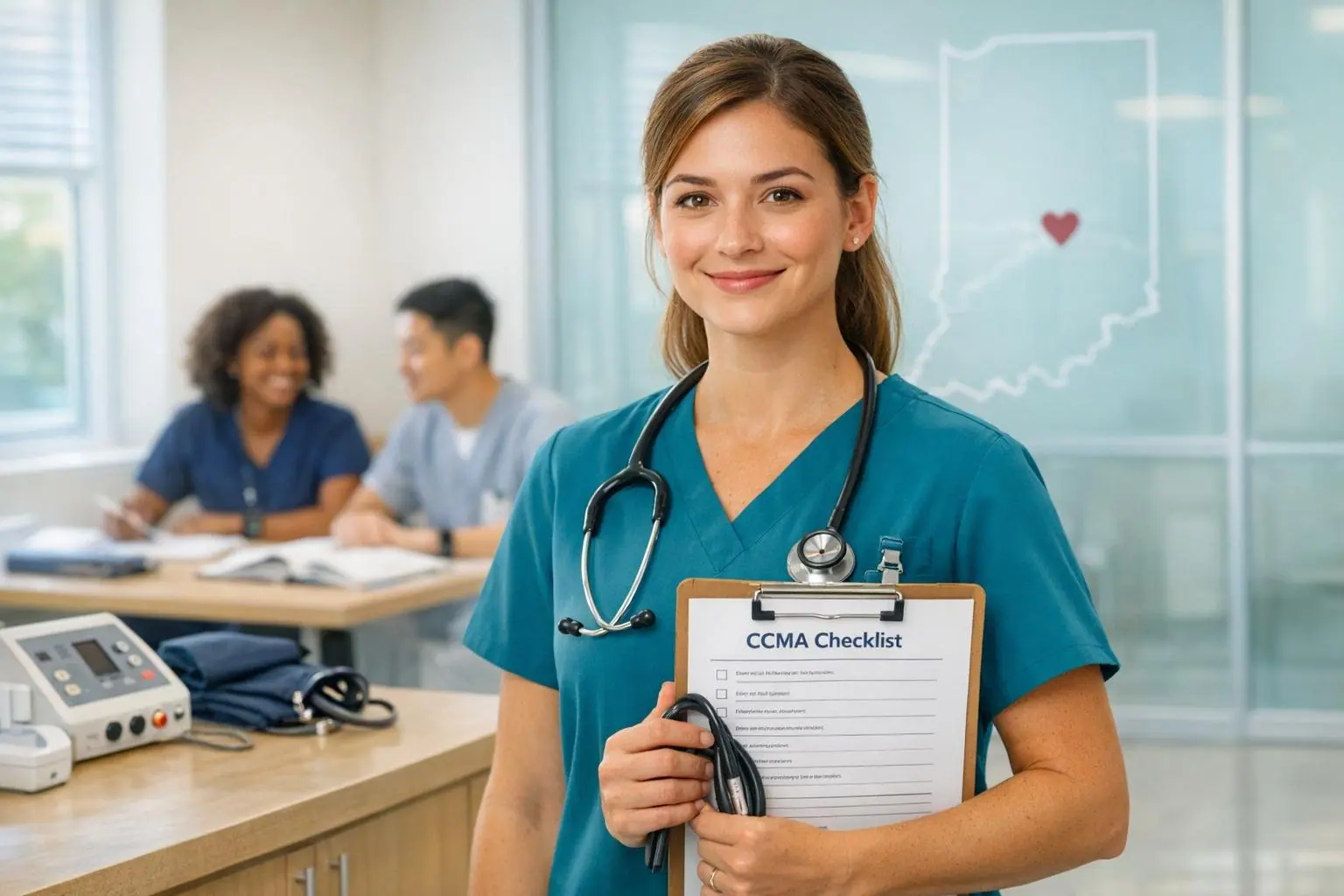 Medical assistant holding a CCMA checklist in a clinic with a state outline on the glass wall