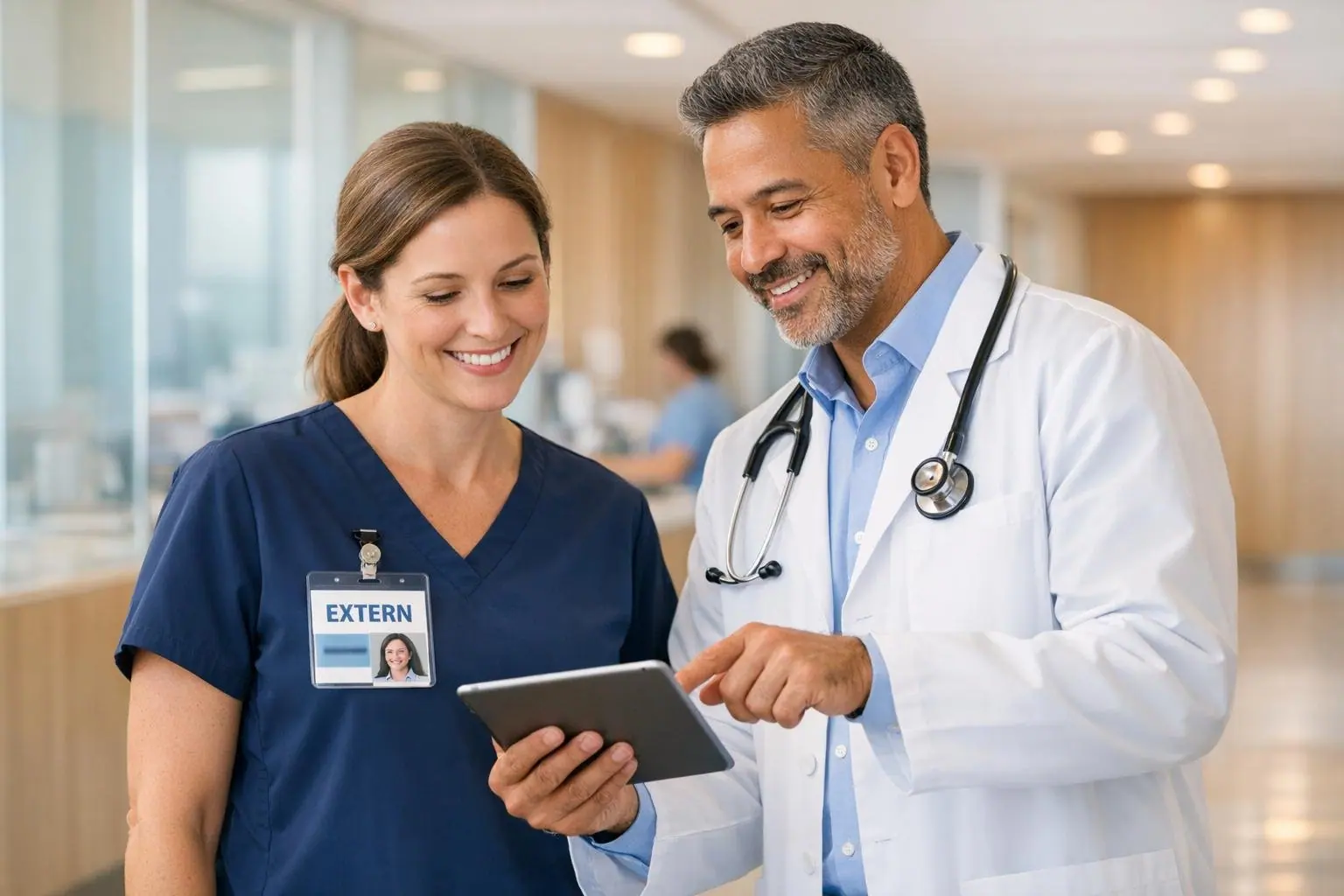 Extern wearing an Extern badge reviewing a tablet with a physician in a clinic hallway