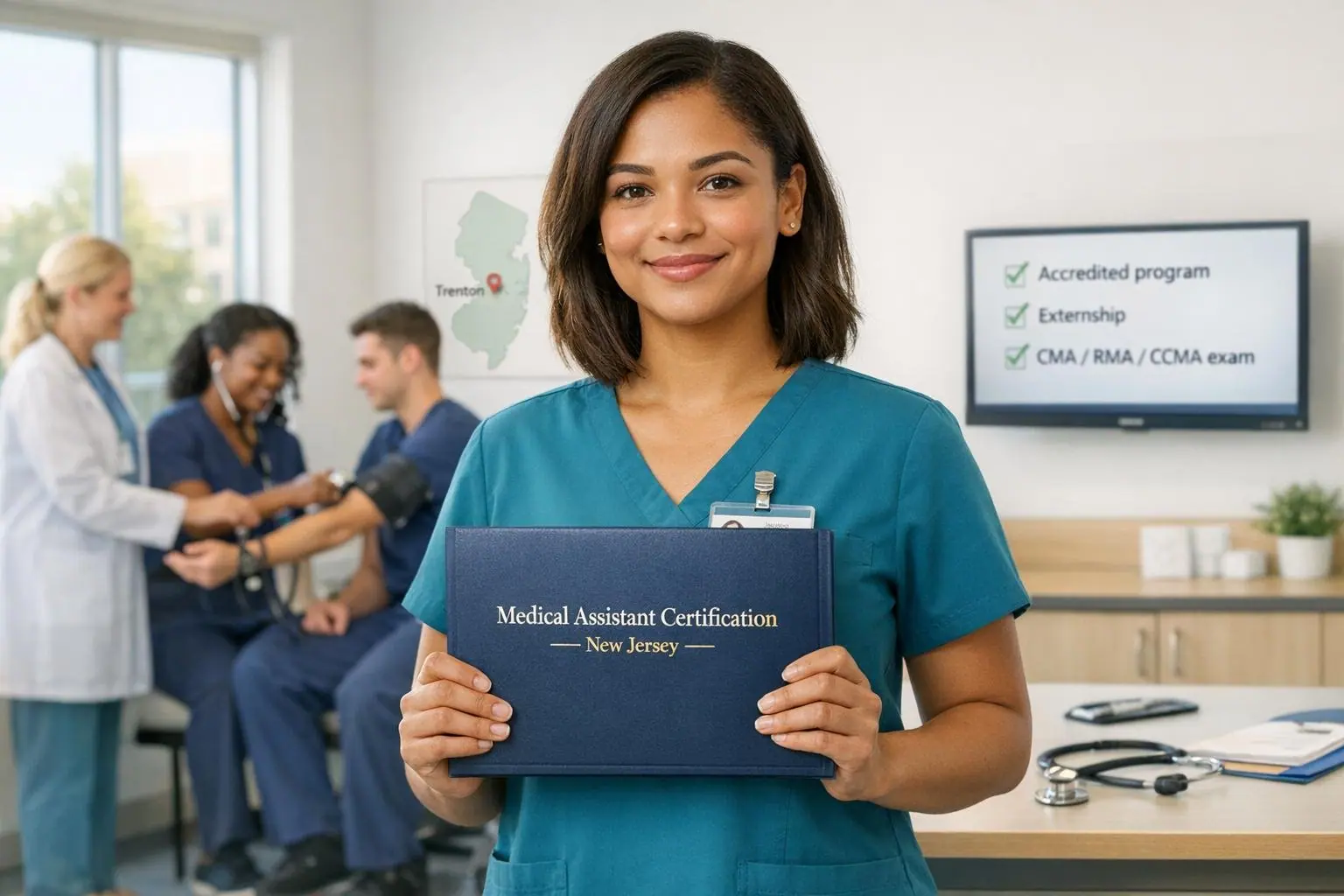 Medical assistant holding a navy folder labeled Medical Assistant Certification New Jersey