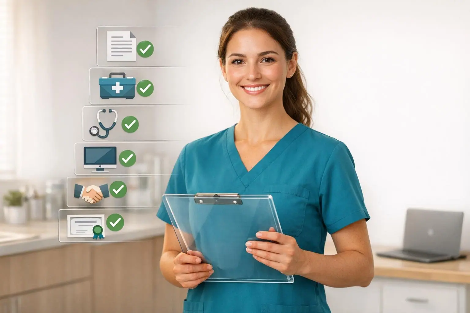 Medical assistant in teal scrubs holding a clipboard beside floating checklist icons
