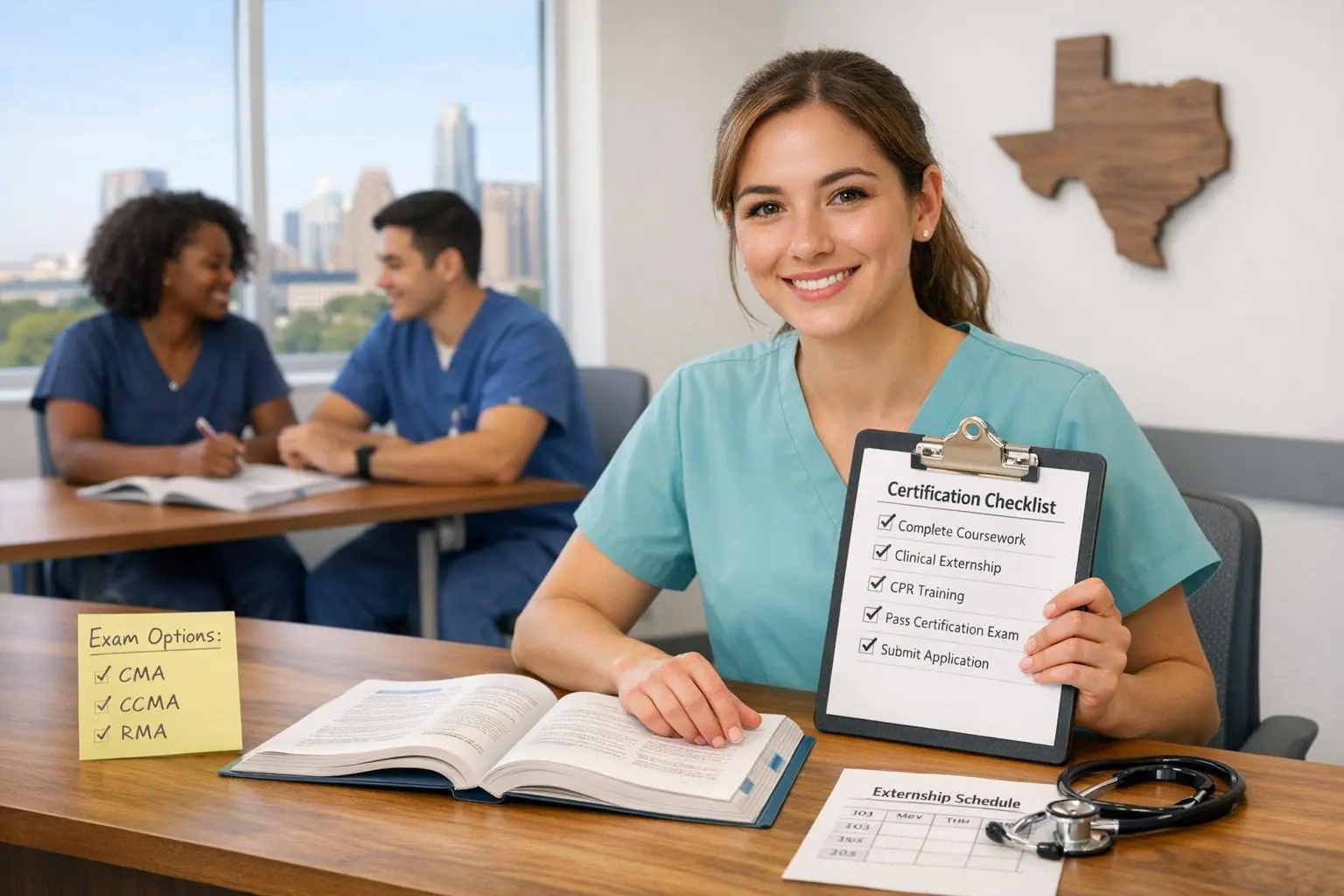 Woman in teal scrubs holding a Certification Checklist beside notes listing exam options CMA, CCMA and RMA