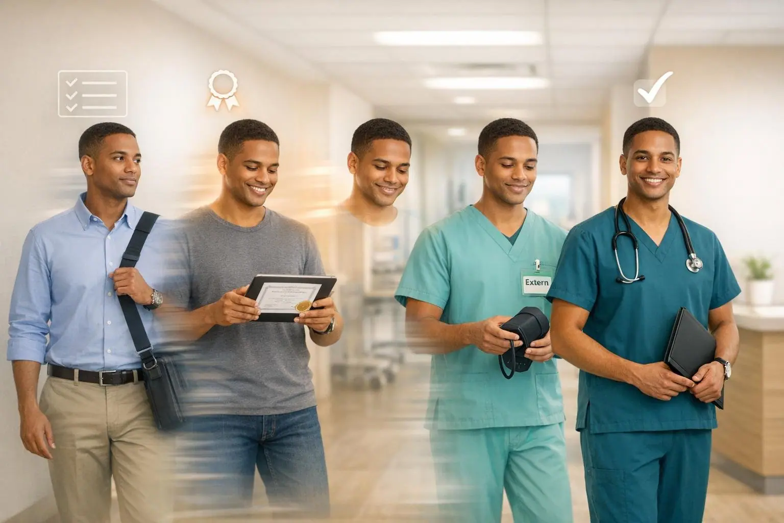 Five people walking along a clinic hallway, some in everyday clothes and some in scrubs