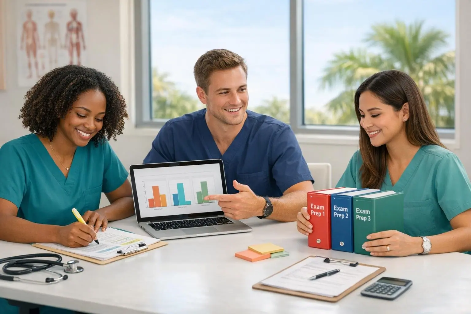 Three medical assistants at a table reviewing a bar chart on a laptop with textbooks and a calculator