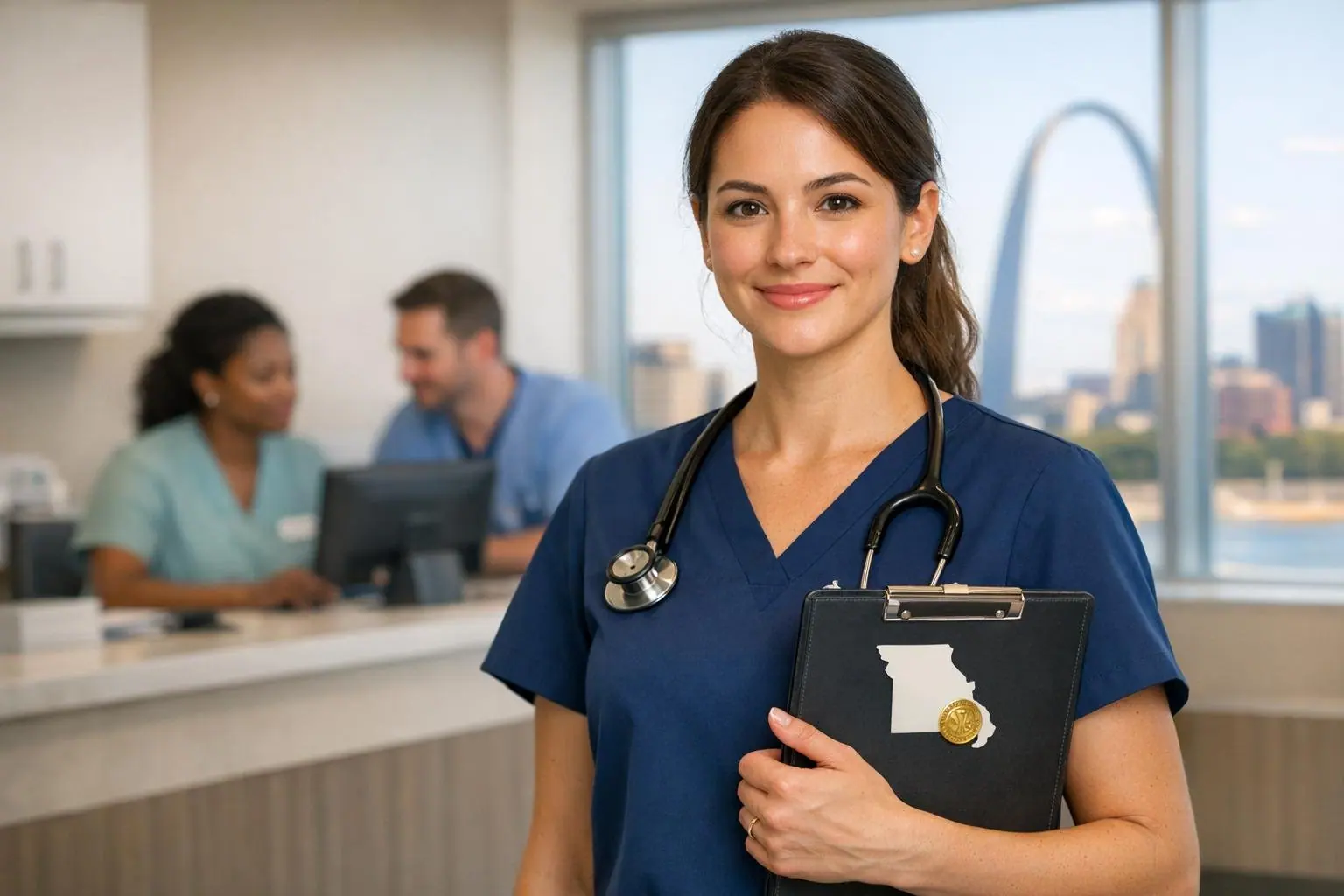 Medical assistant holding a black folder marked with the Missouri outline in a clinic