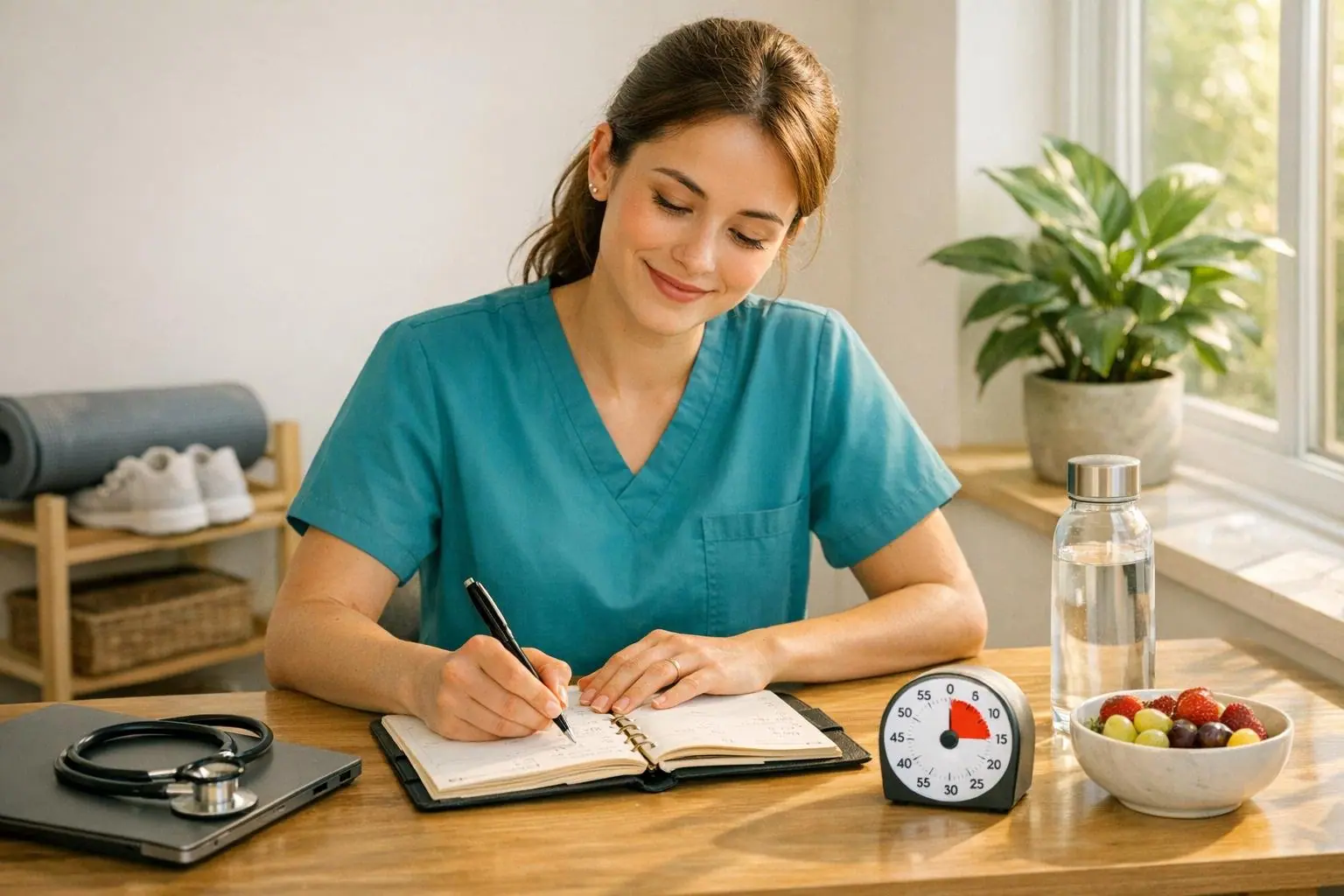Woman in teal scrubs writing in a planner at a desk with a plant, a water bottle, a fruit bowl and a timer