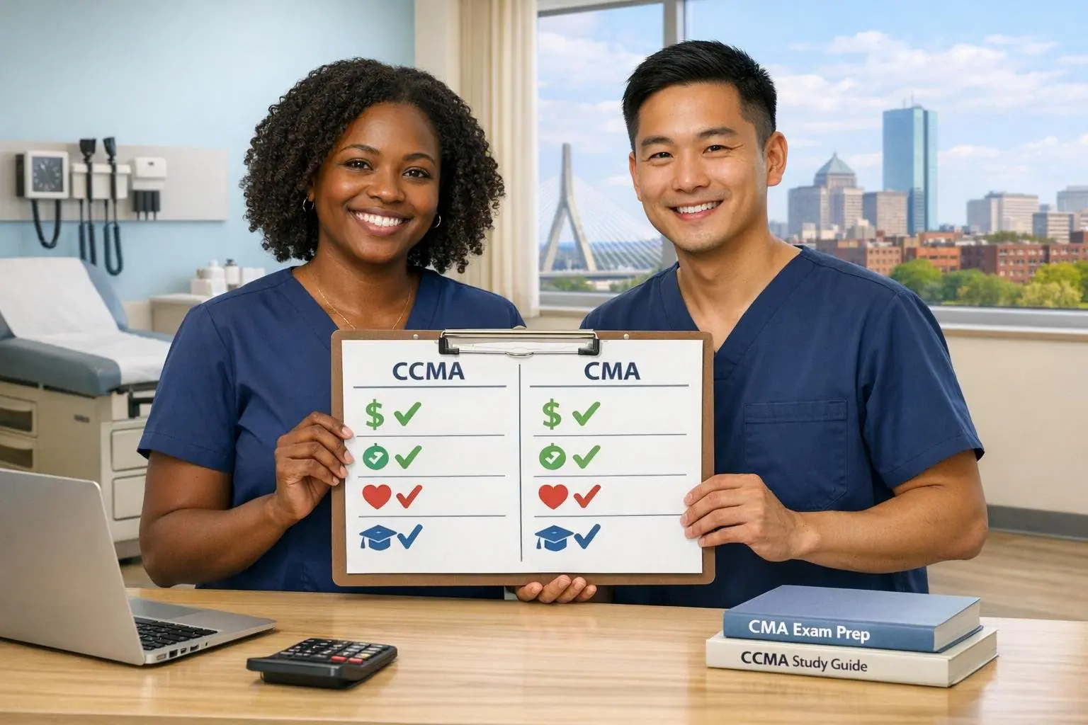 Two medical assistants holding a board that compares CCMA and CMA with check marks, with a city skyline behind them