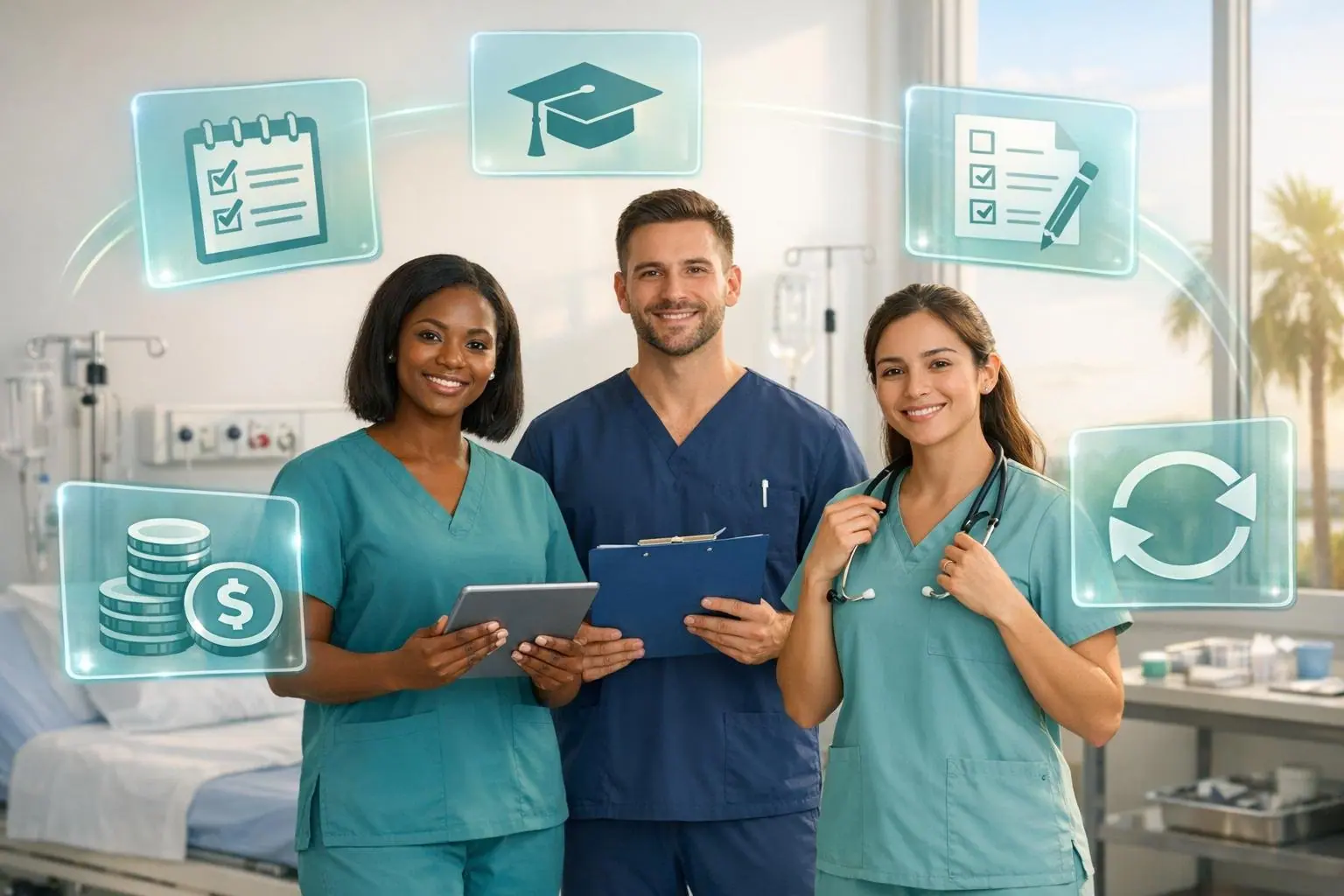 Three medical assistants in a clinic with floating icons for scheduling, education, a checklist, cost and renewal