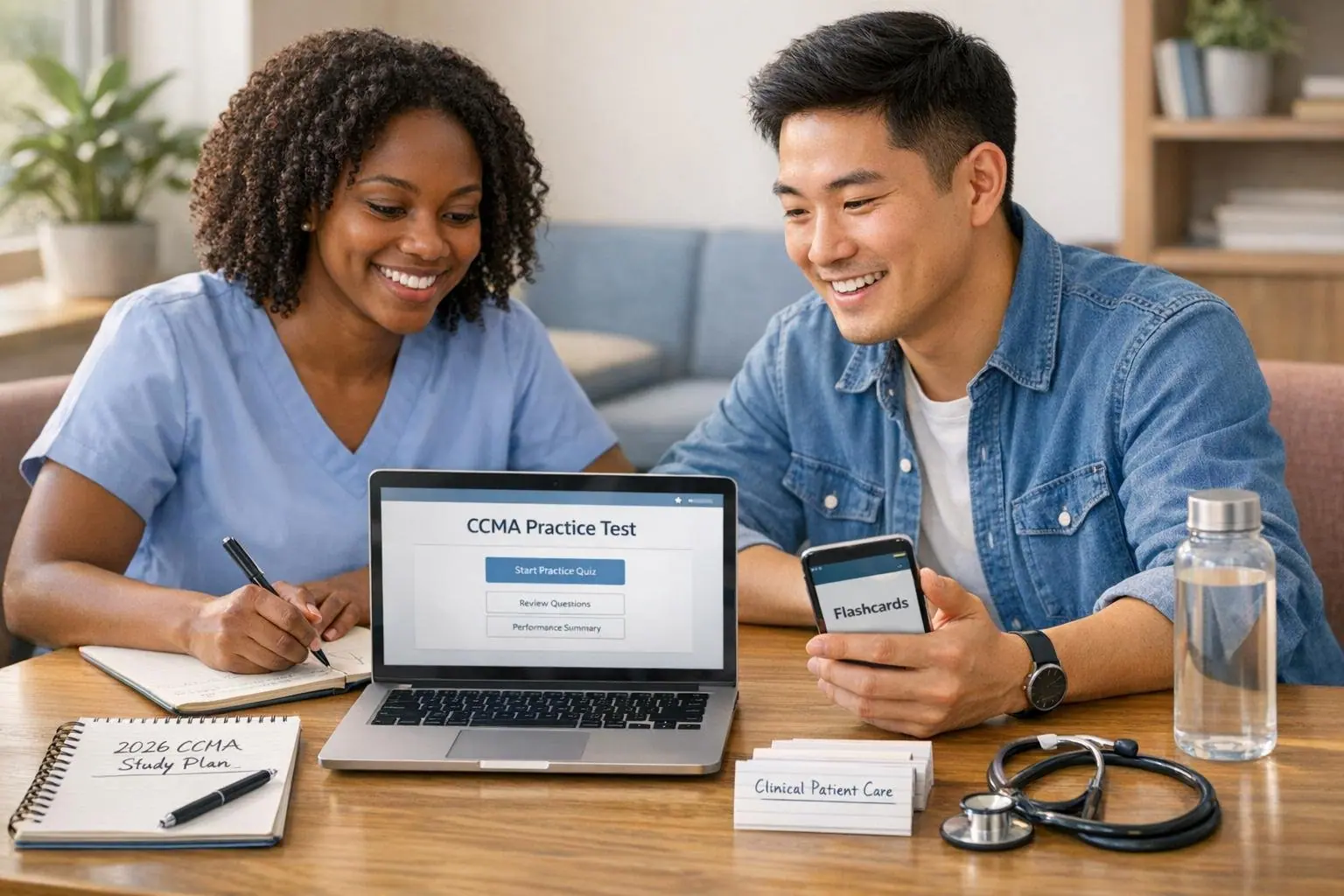 Woman and man at a table with a laptop showing a CCMA Practice Test, a phone and a notebook