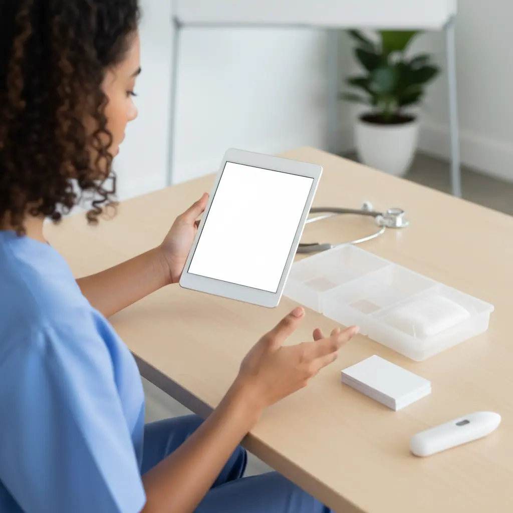 Close-up of a healthcare learner using blank, unmarked study materials related to medical assistant certification cost.