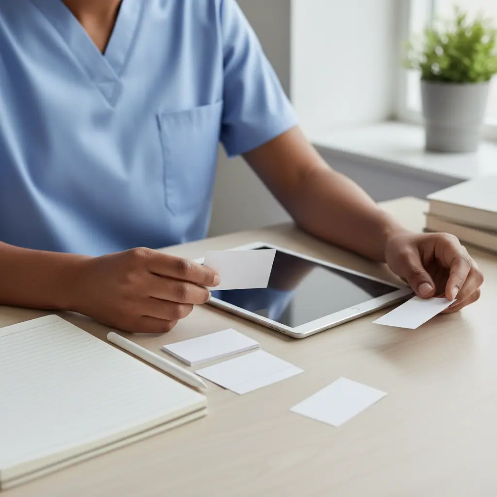 Close-up of a healthcare learner using blank, unmarked study materials related to medical terminology flashcards.