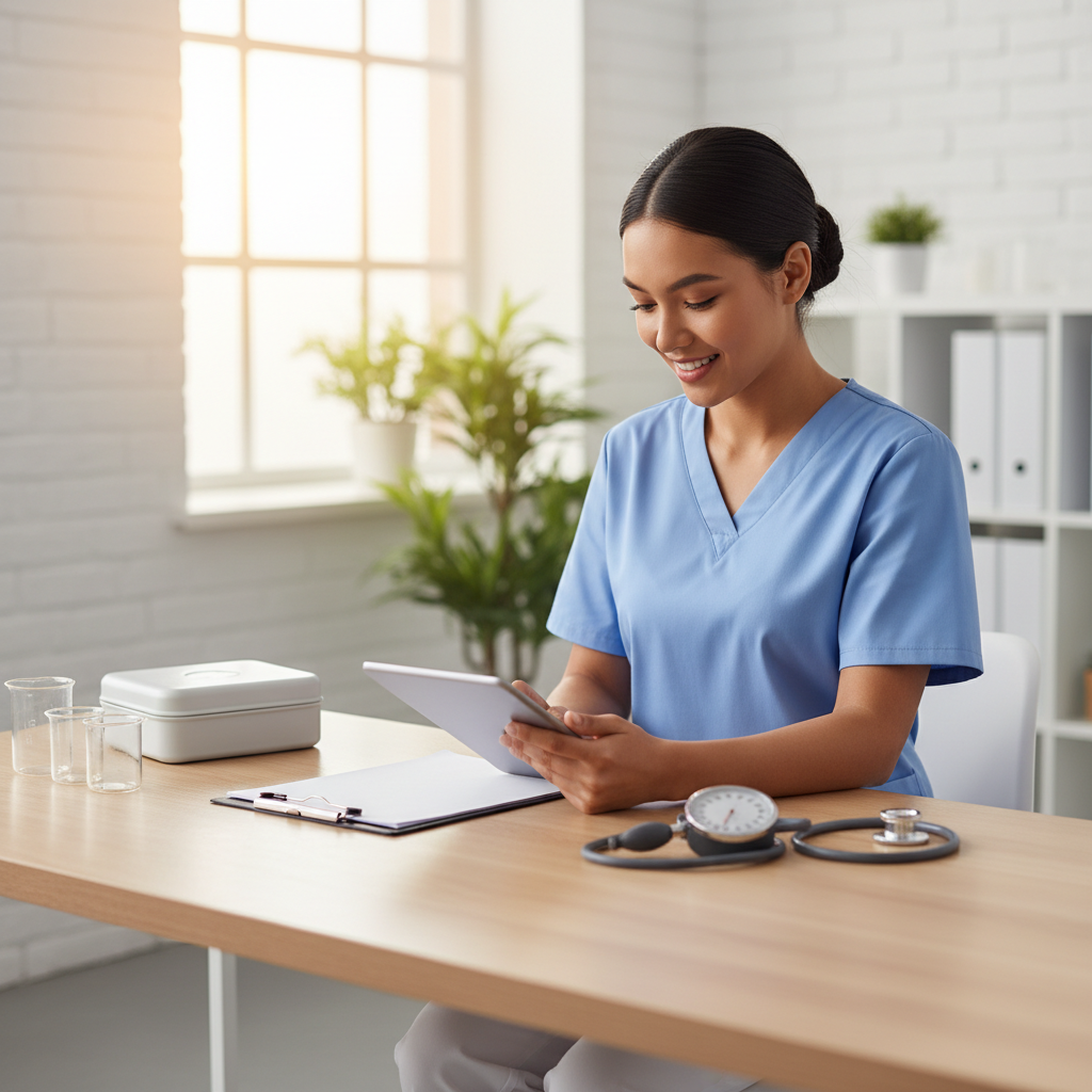 NHA Exam Passing Score: How to Use Official Score Information — editorial hero Healthcare learner studying in a bright workspace with blank, unmarked materials related to nha exam passing score.