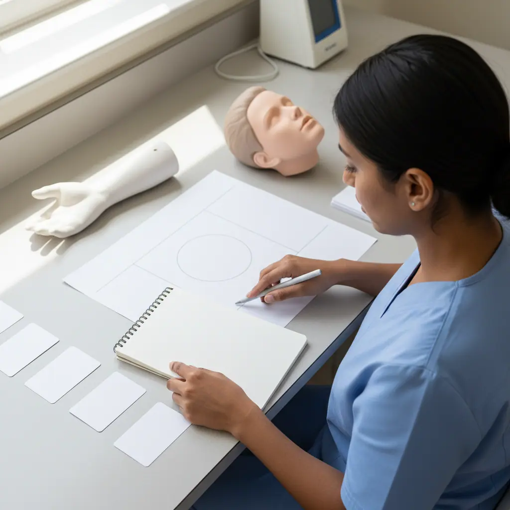 Close-up of a healthcare learner using blank, unmarked study materials related to patient care technician practice test.