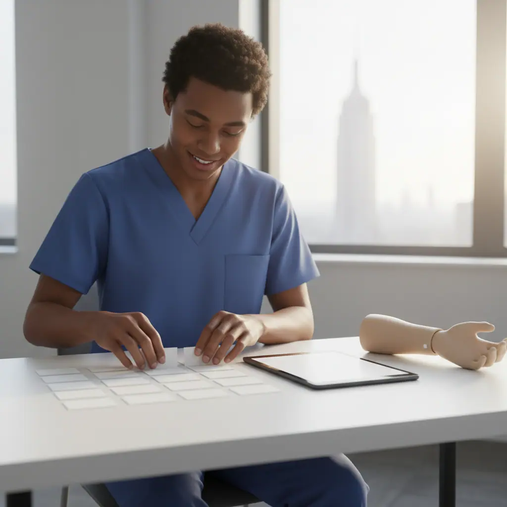 Close-up of a healthcare learner using blank, unmarked study materials related to patient care technician salary in ny.