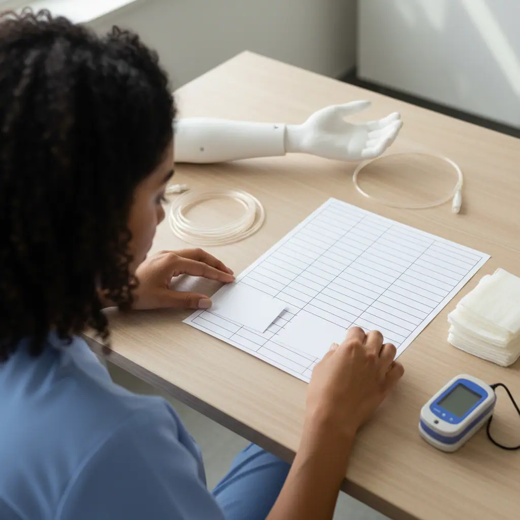 Close-up of a healthcare learner using blank, unmarked study materials related to patient care technician starting salary.