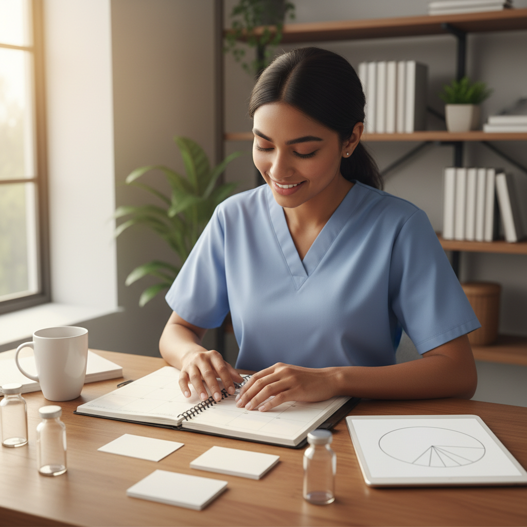 Pharmacy Technician Certification Exam Practice Test: Build a Better Review Session — editorial hero Healthcare learner studying in a bright workspace with blank, unmarked materials related to pharmacy technician certification exam practice test.