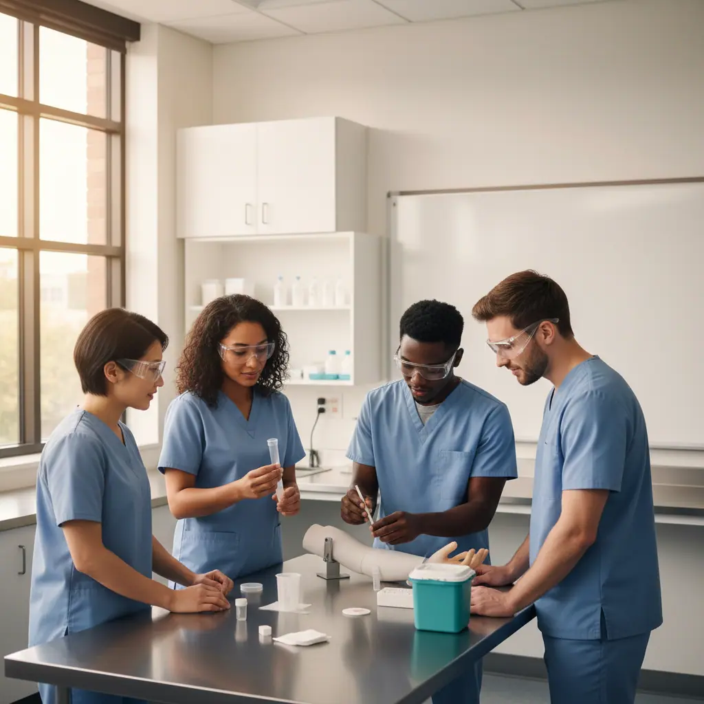 Healthcare learner studying in a bright workspace with blank, unmarked materials related to requirements for phlebotomy certification.