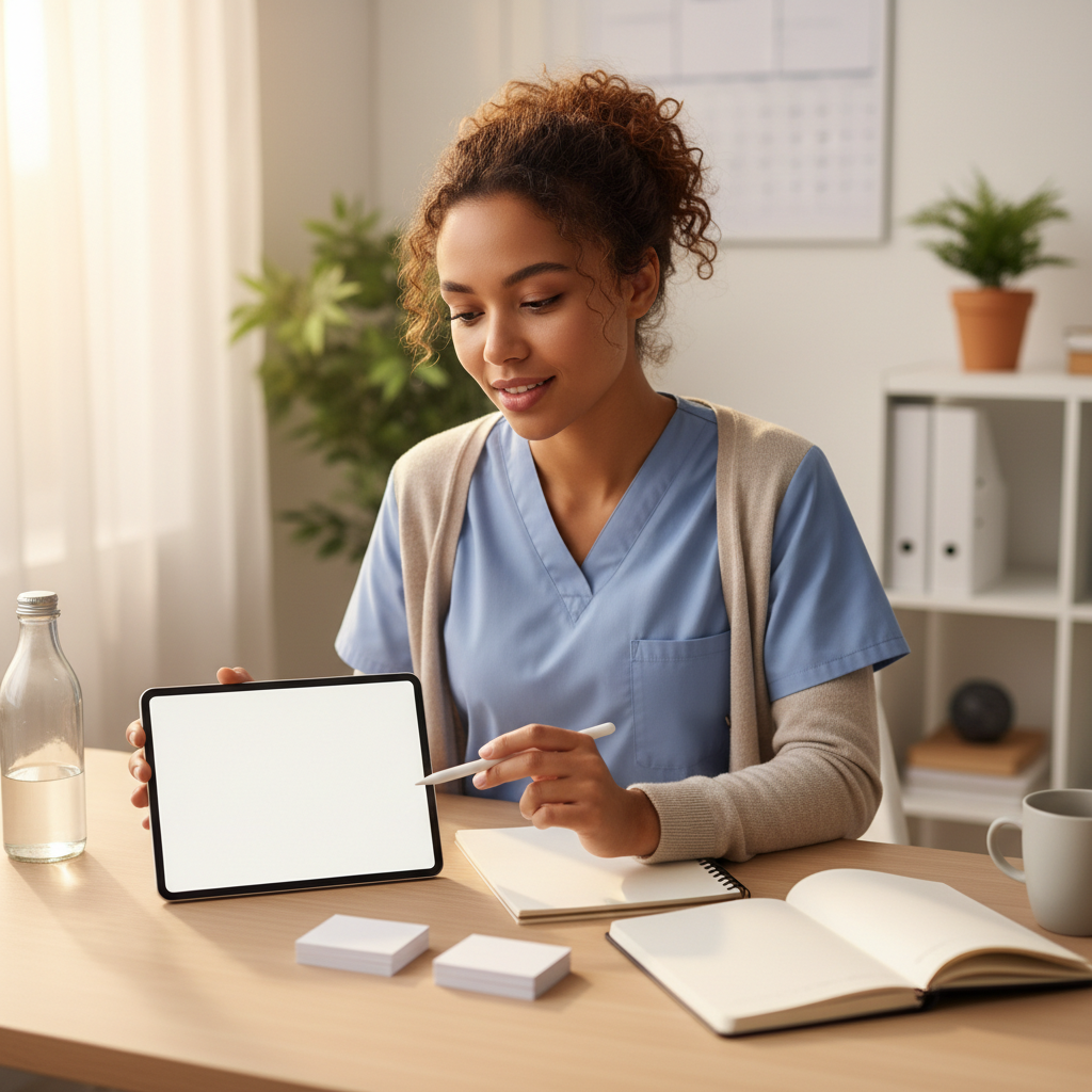 RPht vs. CPhT: Compare the Credential Terms Before Choosing a Path — editorial hero Healthcare learner studying in a bright workspace with blank, unmarked materials related to rpht vs cpht.