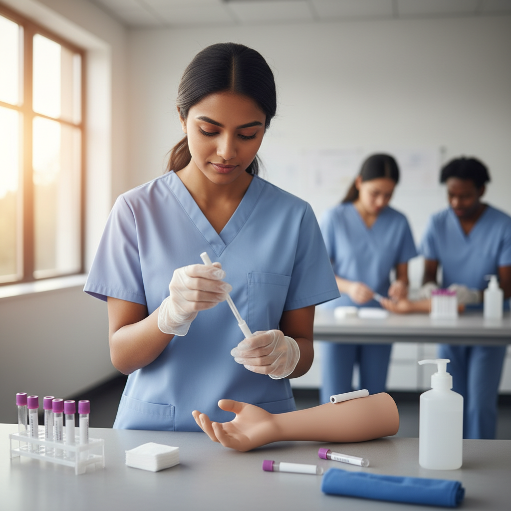 What Is a Certified Phlebotomy Technician? Credential Basics for Beginners — editorial hero Healthcare learner studying in a bright workspace with blank, unmarked materials related to what is a certified phlebotomy technician.